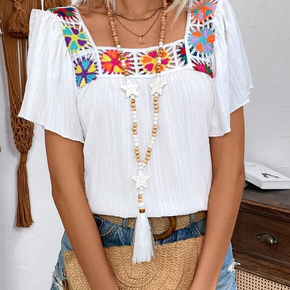 White Boho Women's Crochet Patchwork Square Neck Flutter Sleeve Vacation Shirt - Picture 5 of 6